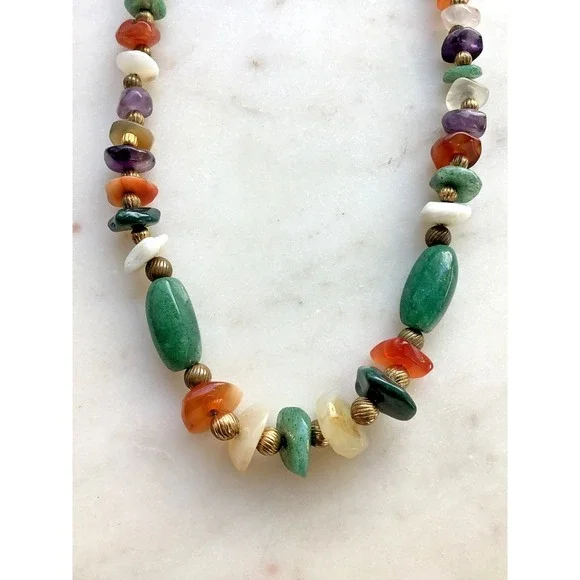 Vintage Beggars Bead Necklace Polished Multicolor Natural Stones  - 18 Inch - Picture 2 of 8